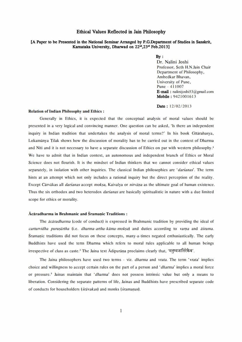 First page of Etical Values Reflected In Jain Philosophy