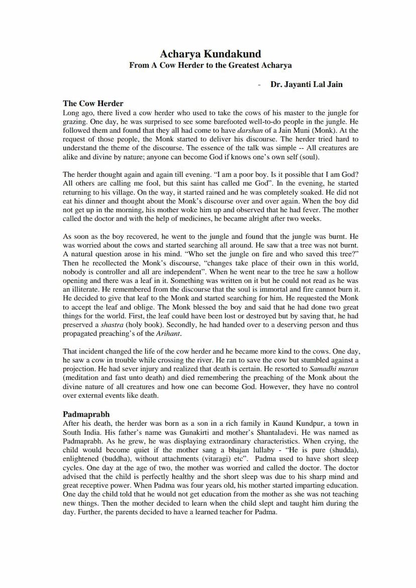First page of Acharya Kundakund From A Cow Herder To The Greatest Acharya