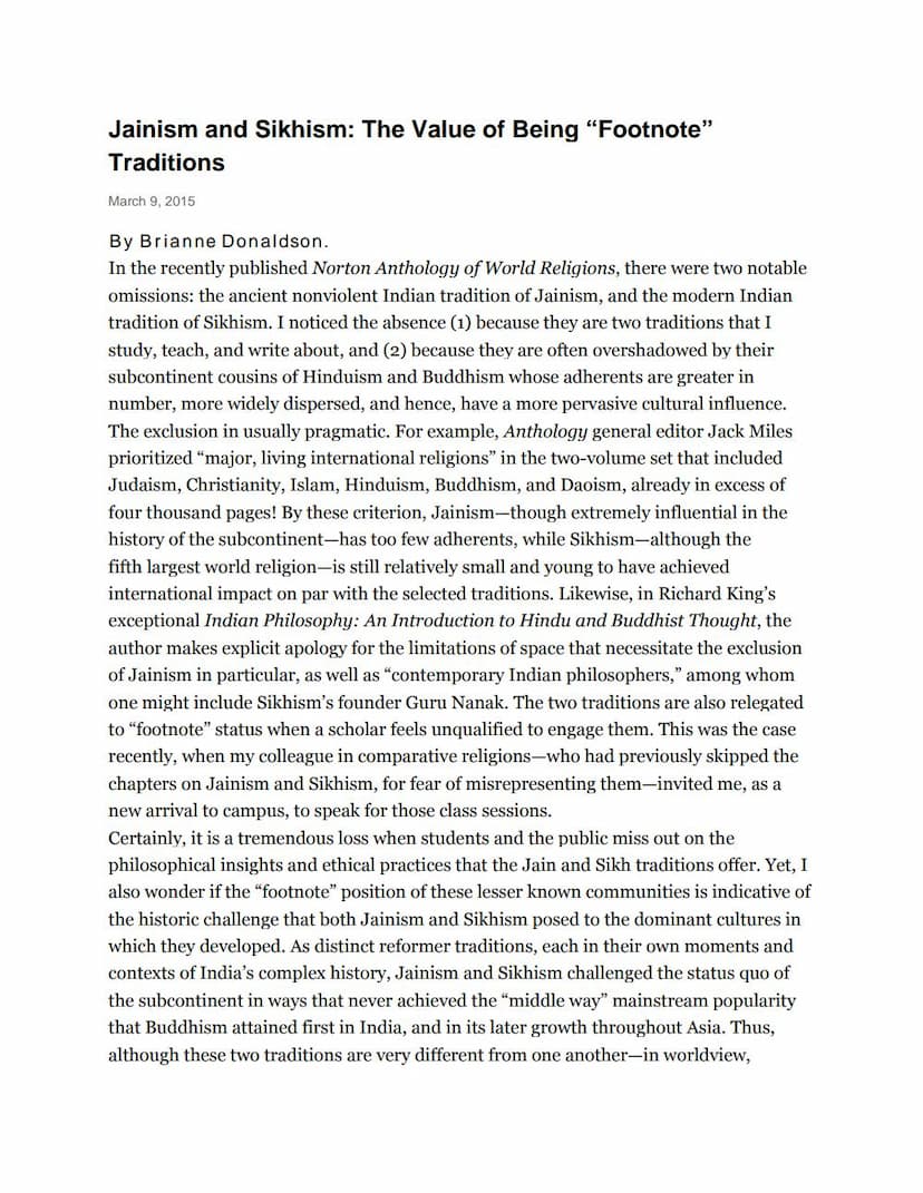 First page of Jainism And Sikhism Value Of Being Footnote Traditions