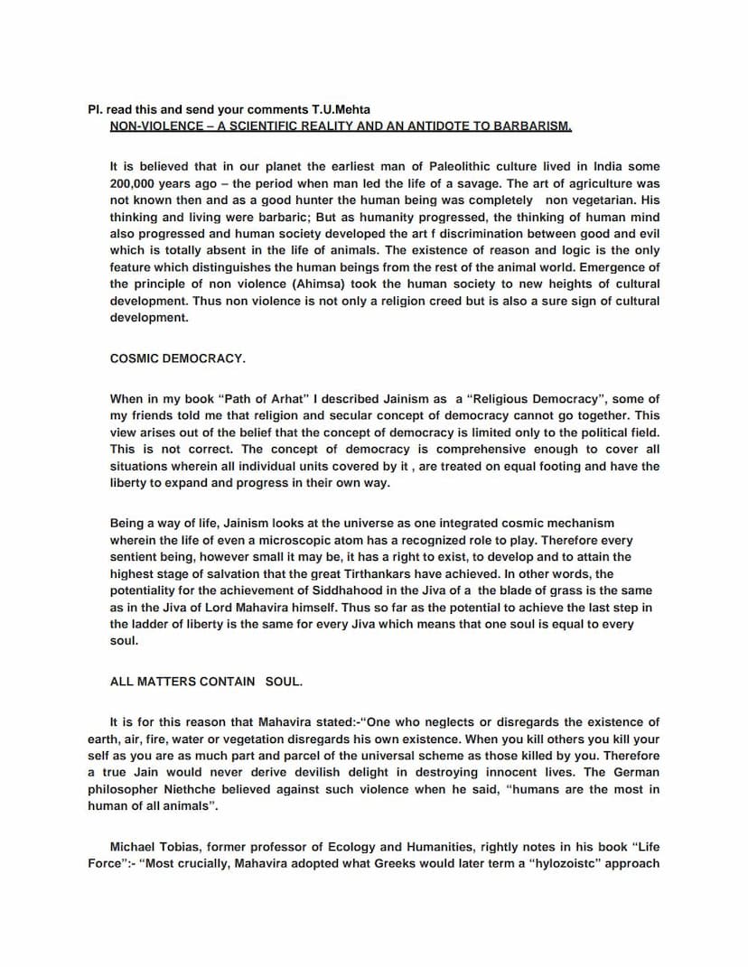 First page of Non Violence A Scientific Reality And An Antidote To Barbarism