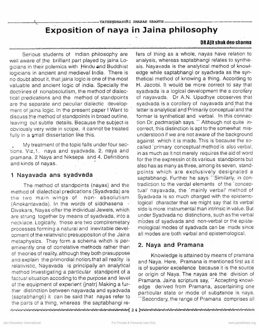 First page of Exposition Of Naya In Jaina Philosophy