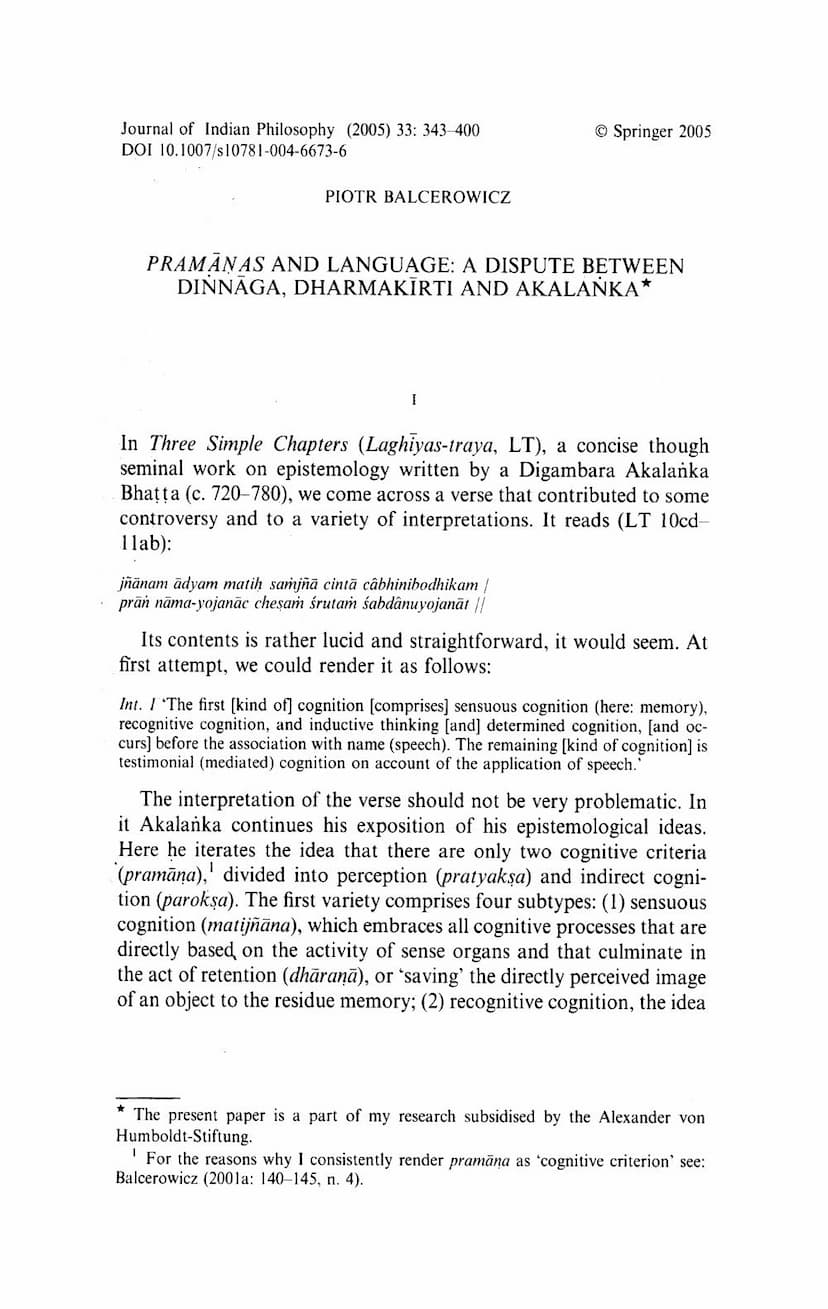 First page of Pramanas And Language Dispute Between Dinnaga Dharmakirti And Akalanka