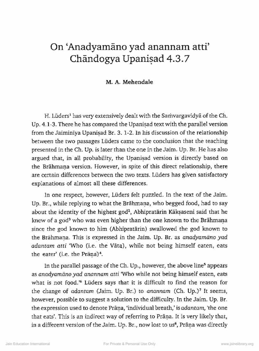 First page of On Anadyamano Yad Anannam Atti Chandogya Upnisad