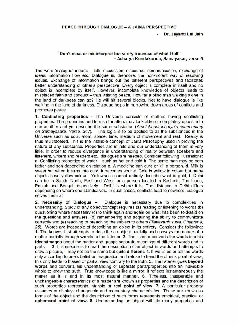 First page of Peace Through Dialogue Jaina Prespective